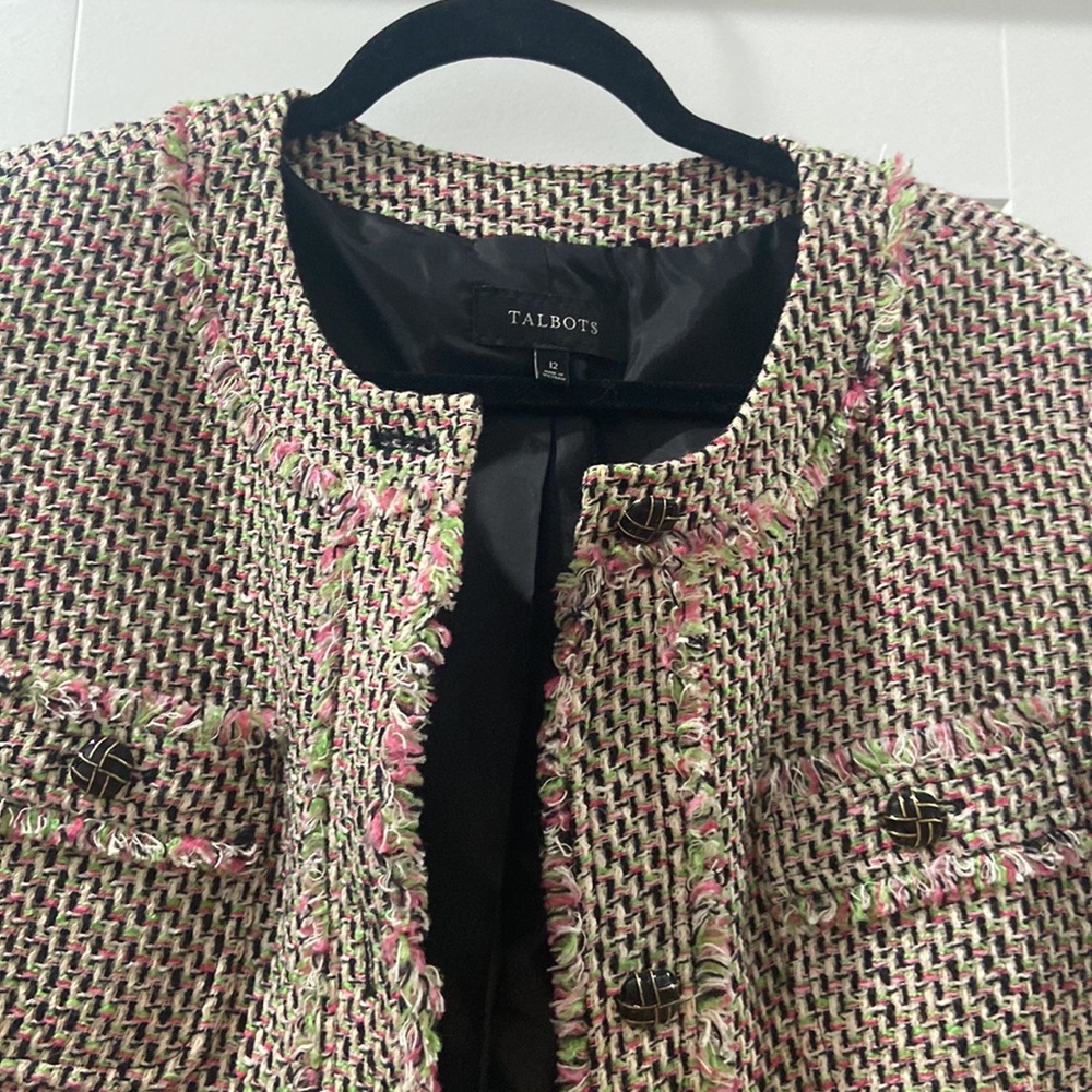 Talbolts Pink Green Tweed Eyelash Trim Cloqué Style Round Neck Blazer Jacket 12 - Picture 9 of 16
